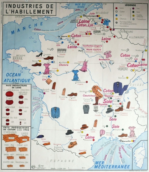 Carte scolaire sur les Industrie de l'Habillement et Commerce Français, 1964..jpg